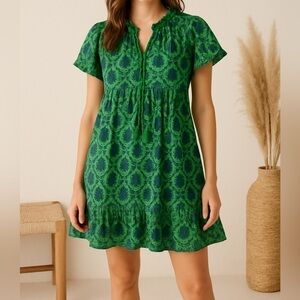 La Plage Boho Cotton Ruffle Mini Dress in Green Blue